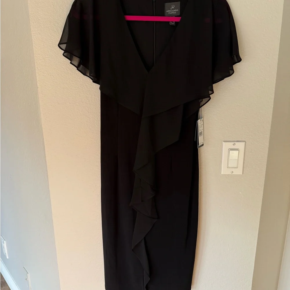 New Adrianna Papell Black Midi Dress with Ruffle Detail